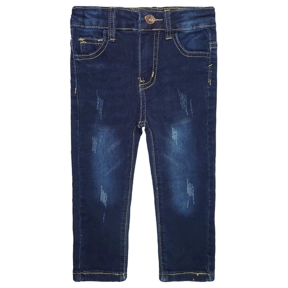 KIDSCOOL SPACE Little Boys Jeans,Elastic Band Inside Ripped Straight Fit Stretchy Soft Denim Slim Pants,Deep Blue,5-6 Years