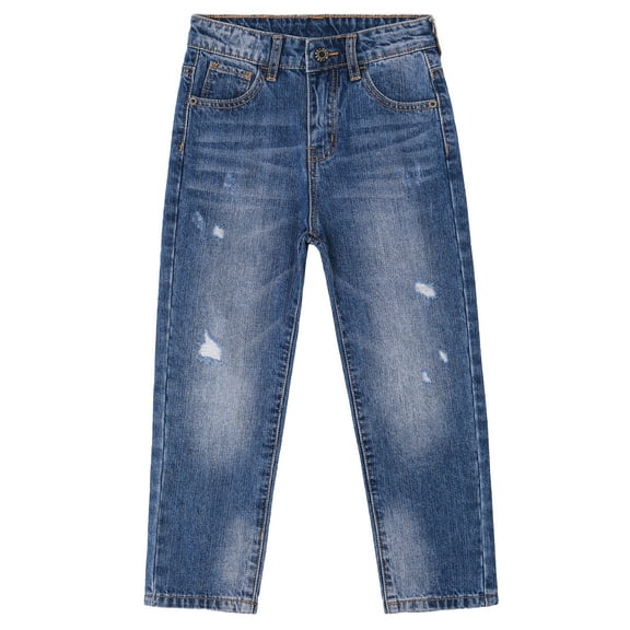 KIDSCOOL SPACE Little Boys Jeans,Elastic Band Inside Ripped Straight Line Denim Pants,Deep Blue,4-5 Years