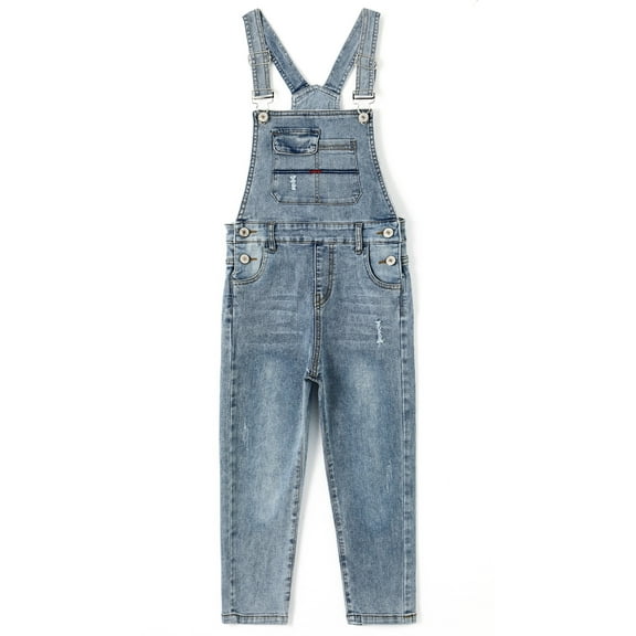 KIDSCOOL SPACE Little Boys Slim Fit Jeans,Ripped Bib Pocket Fashion Denim Overalls,Light Blue,6-7 Years