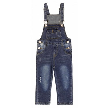 KIDSCOOL SPACE Little Boys Slim Fit Jeans,Ripped Bib Pocket Fashion Denim Overalls,Mid Blue,5-6 Years