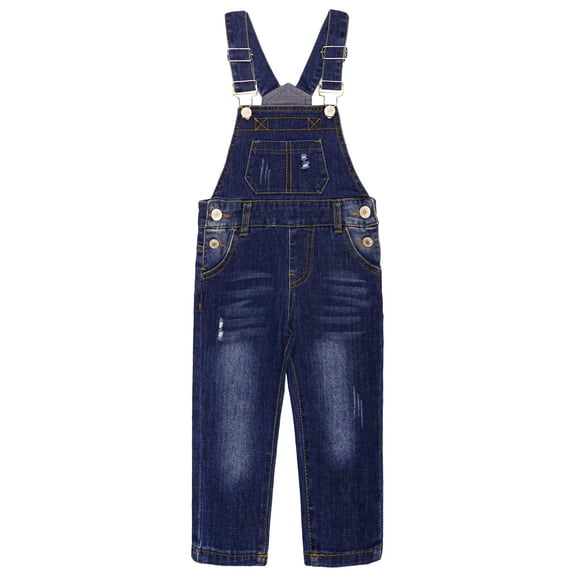 KIDSCOOL SPACE Little Boys Slim Fit Jeans,Ripped Big Bib Pocket Fashion Denim Overalls,Deep Blue,4-5 Years