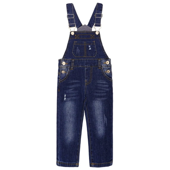 KIDSCOOL SPACE Little Boys Slim Fit Jeans,Ripped Big Bib Pocket Fashion Denim Overalls,Deep Blue,5-6 Years