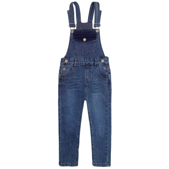 KIDSCOOL SPACE Little Boys Slim Fit Jeans,Toddler Flap Bib Pocket Fashion Denim Overalls,Deep Blue,12-18 Months