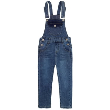 KIDSCOOL SPACE Little Boys Slim Fit Jeans,Toddler Flap Bib Pocket Fashion Denim Overalls,Deep Blue,3-4 Years