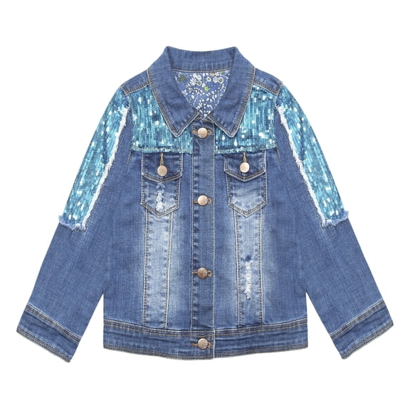 KIDSCOOL SPACE Little Girl Blue Sequin Ripped Jean Outfit Jacket,4-5 Years