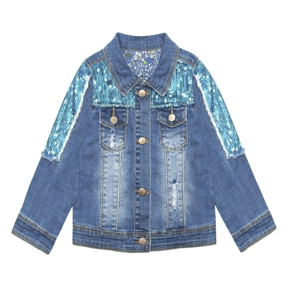 KIDSCOOL SPACE Little Girl Blue Sequin Ripped Jean Outfit Jacket,4-5 Years