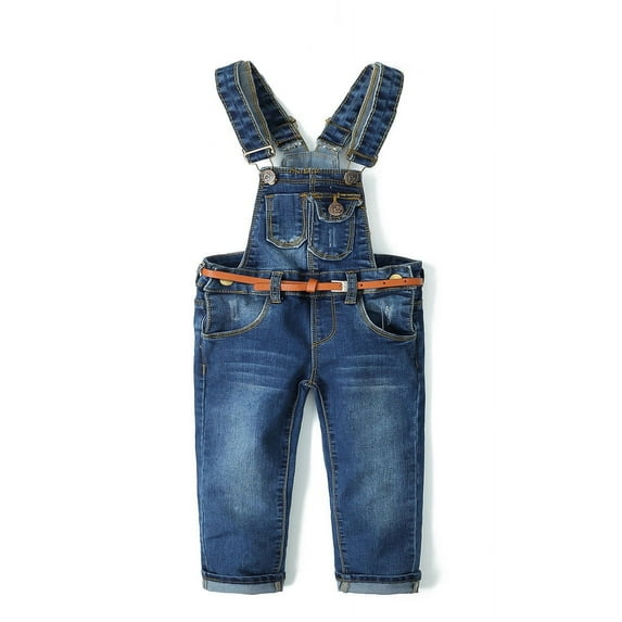 KIDSCOOL SPACE Little Girl Boy Fashionalble Jean Overalls,Toddler Ripped Denim Cute Slim Pants,Deep Blue,2-3 Years