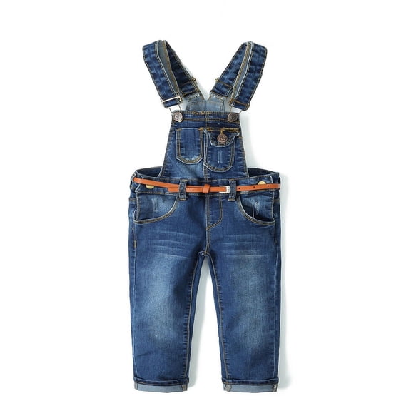 KIDSCOOL SPACE Little Girl Boy Fashionalble Jean Overalls,Toddler Ripped Denim Cute Slim Pants,Deep Blue,4-5 Years