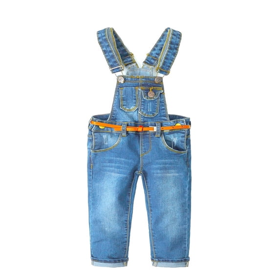 KIDSCOOL SPACE Little Girl Boy Fashionalble Jean Overalls,Toddler Ripped Denim Cute Slim Pants,Light Blue,6-7 Years