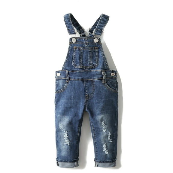 KIDSCOOL SPACE Little Girl Boy Ripped Denim Cute Slim Pants Jean Overalls,Deep Blue,18-24 Months