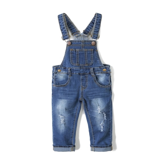 KIDSCOOL SPACE Little Girl Boy Ripped Denim Cute Slim Pants Jean Overalls,Deep Blue,6-12 Months
