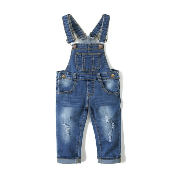 KIDSCOOL SPACE Little Girl Boy Ripped Denim Cute Slim Pants Jean Overalls,Deep Blue,6-12 Months