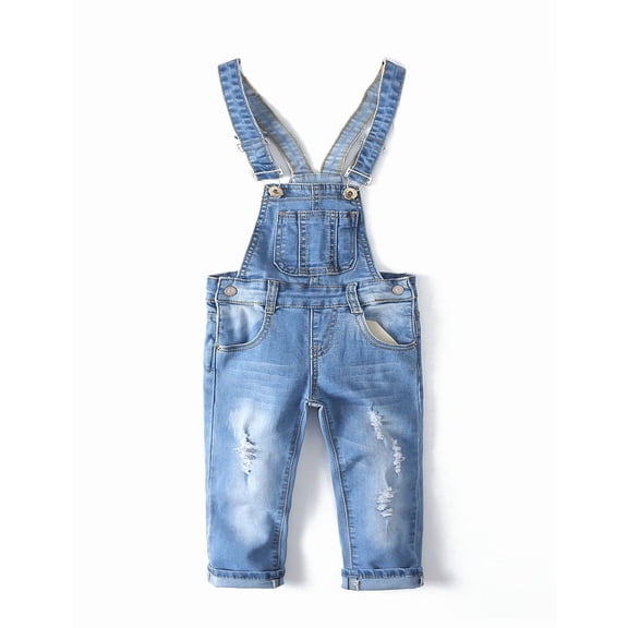 KIDSCOOL SPACE Little Girl Boy Ripped Denim Cute Slim Pants Jean Overalls,Light Blue,4-5 Years