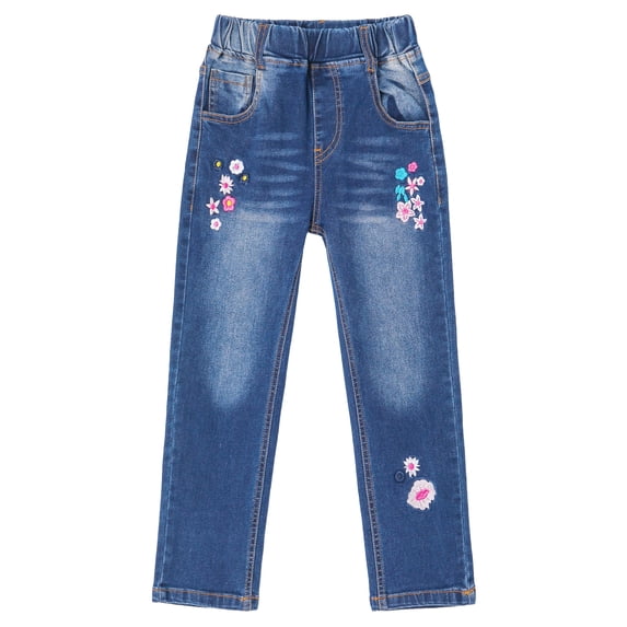 KIDSCOOL SPACE Little Girl Daily Floral Embroidered Denim Pants,9-10 Years