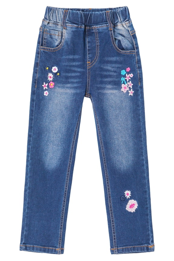 Little Girl Daily Floral Embroidered Denim Pants,9-10 Years