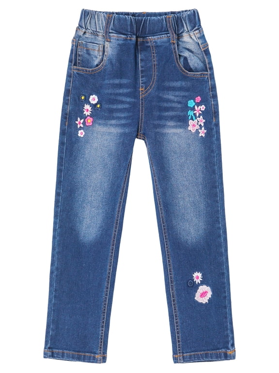 Little Girl Daily Floral Embroidered Denim Pants,9-10 Years