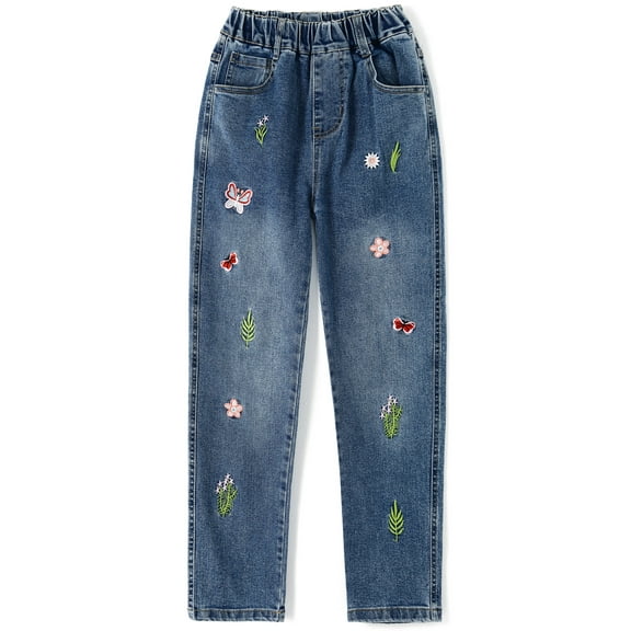 KIDSCOOL SPACE Little Girl Embroidered Jeans,Big Girls Elastic Waist Denim Bottom Pants,10-11 Years