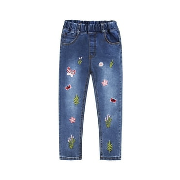 KIDSCOOL SPACE Little Girl Embroidered Jeans,Big Girls Elastic Waist Denim Bottom Pants,4-5 Years