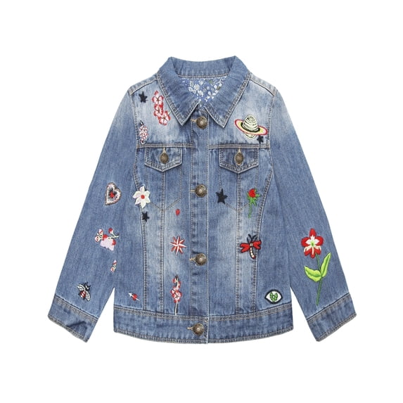 KIDSCOOL SPACE Little Girl Flower Embroidered Jean Outfits Jacket 6T