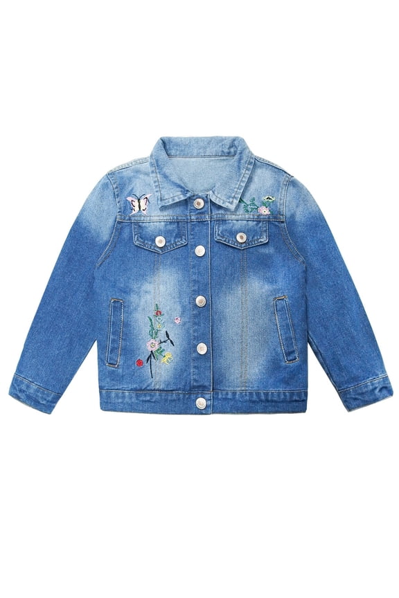Little Girl Jean Jacket,Flower Embroidered Denim Outfits,Blue,3-4 Years