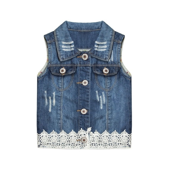 KIDSCOOL SPACE Little Girl Jean Vest,Junior Ripped Lace Denim Vest Tops,Blue,7-8 Years