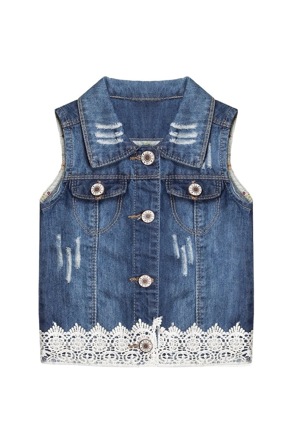 Little Girl Jean Vest,Junior Ripped Lace Denim Vest Tops,Blue,7-8 Years