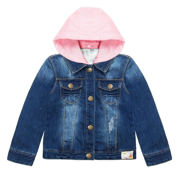 KIDSCOOL SPACE Little Girl Pink Detachable Hood Flower Embroidered Jean Jacket Female 10T