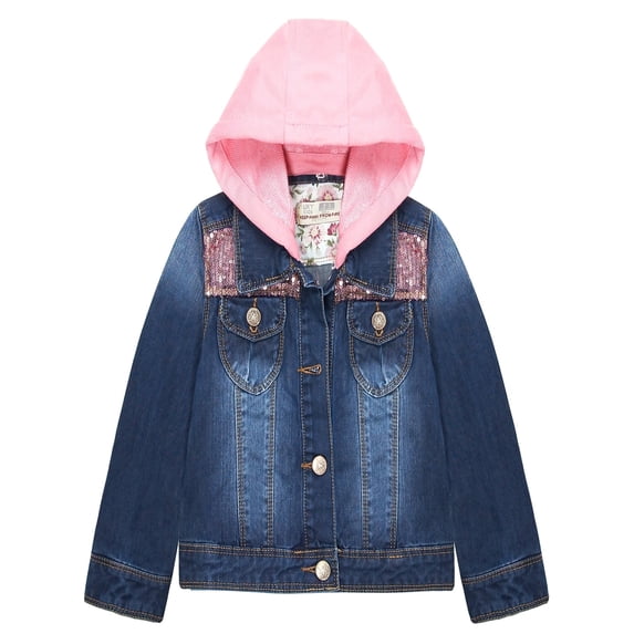 KIDSCOOL SPACE Little Girl Pink Detachable Hood Flower Embroidered Jean Jacket,Pink Cap,2-3 Years