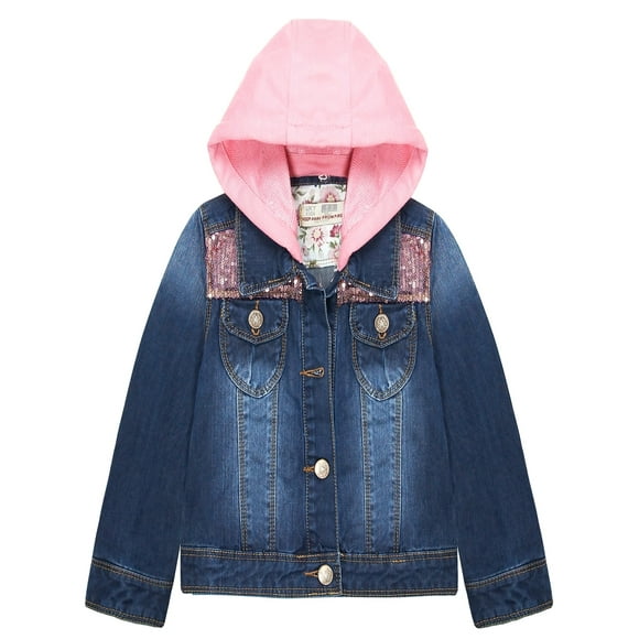 KIDSCOOL SPACE Little Girl Pink Detachable Hood Flower Embroidered Jean Jacket,Pink Cap,7-8 Years