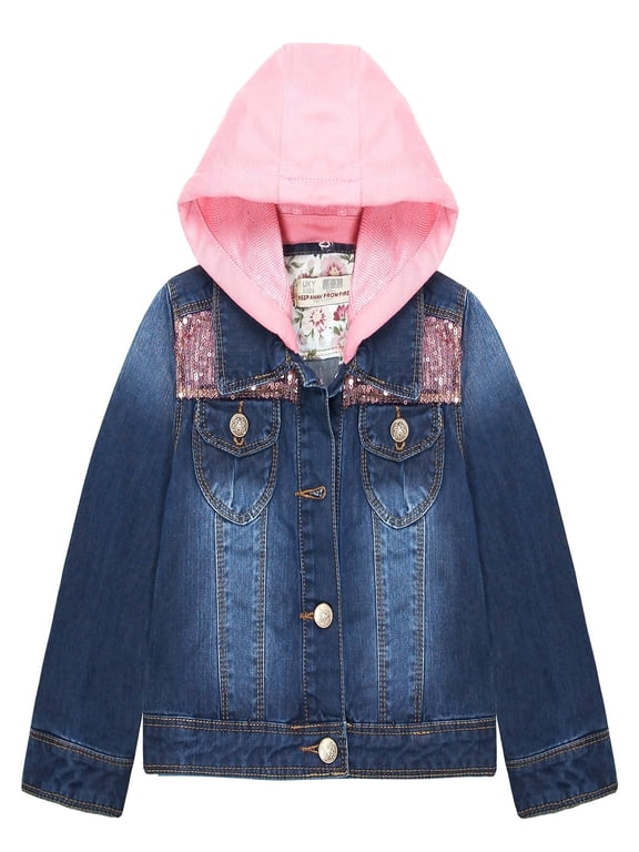 Little Girl Pink Detachable Hood Flower Embroidered Jean Jacket,Pink Cap,7-8 Years