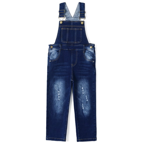KIDSCOOL SPACE Little Girl Ripped Denim Overalls, Adjustable Elastic Waistand Inside Stretch Jeans Jumpsuit,Deep Blue,12-18 Months