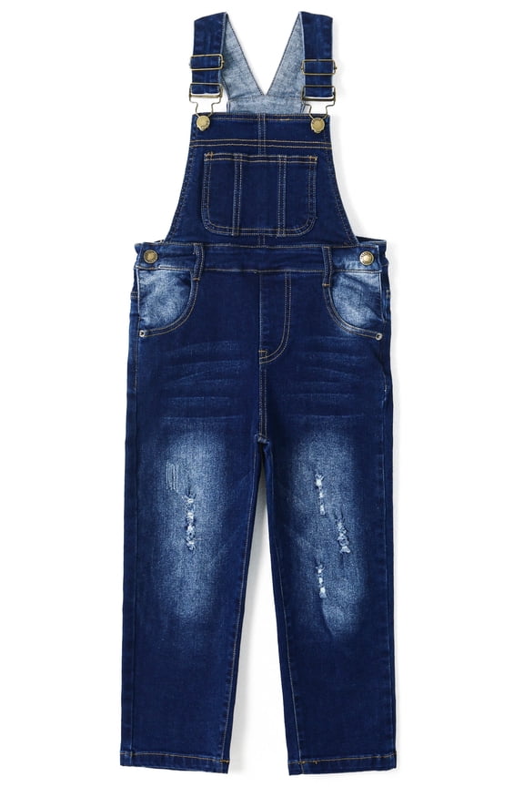 Little Girl Ripped Denim Overalls, Adjustable Elastic Waistand Inside Stretch Jeans Jumpsuit,Deep Blue,18-24 Months