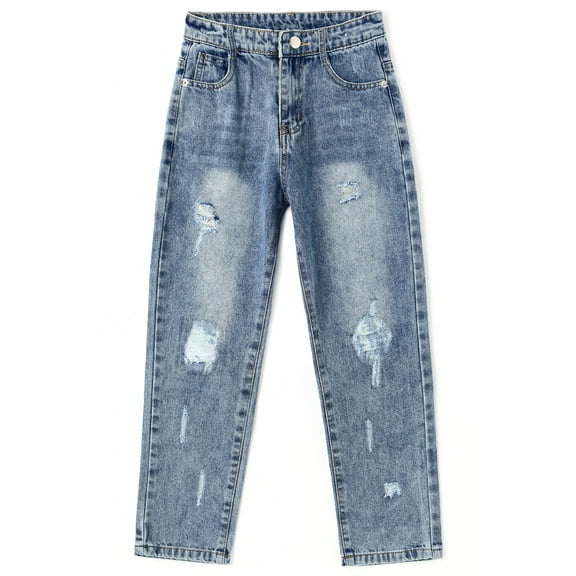 KIDSCOOL SPACE Little Girl Slim Jean,Stone Washed Ripped Hole Soft Denim Pants,Blue,5-6 Years