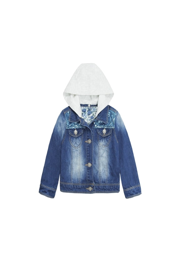 Little Girl White Detachable Hood Flower Embroidered Jean Jacket,White Cap,4-5 Years