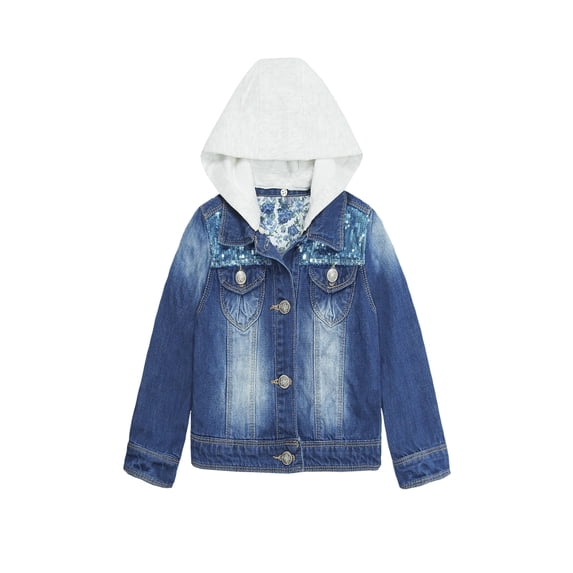 KIDSCOOL SPACE Little Girl White Detachable Hood Flower Embroidered Jean Jacket,White Cap,9-10 Years