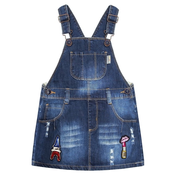KIDSCOOL SPACE Little Girls Big Bib Pocket Color Sequins Ripped Jeans Overall Dress,Blue,2-3 Years