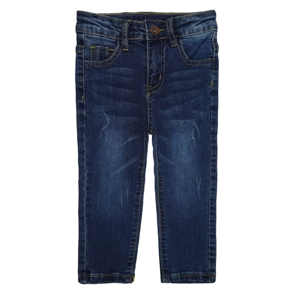 KIDSCOOL SPACE Little Girls Boys Jeans,Elastic Band Inside Ripped Straight Fit Stretchy Soft Denim Pants,Deep Blue,4-5 Years