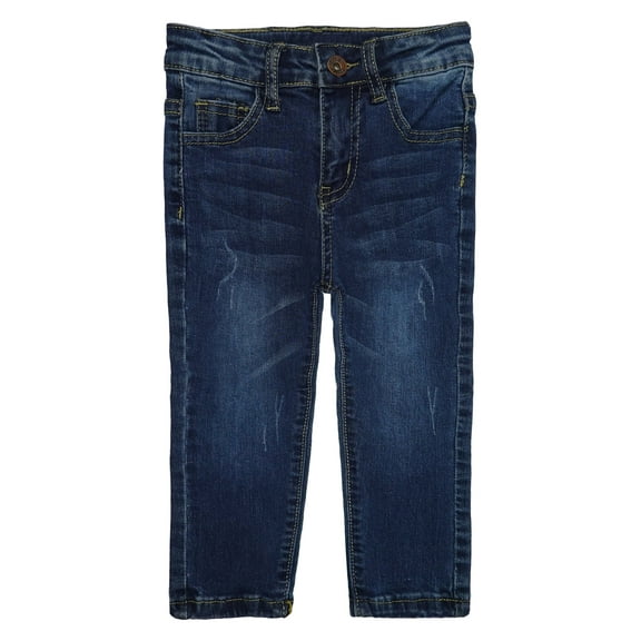 KIDSCOOL SPACE Little Girls Boys Jeans,Elastic Band Inside Ripped Straight Fit Stretchy Soft Denim Pants,Deep Blue,4-5 Years