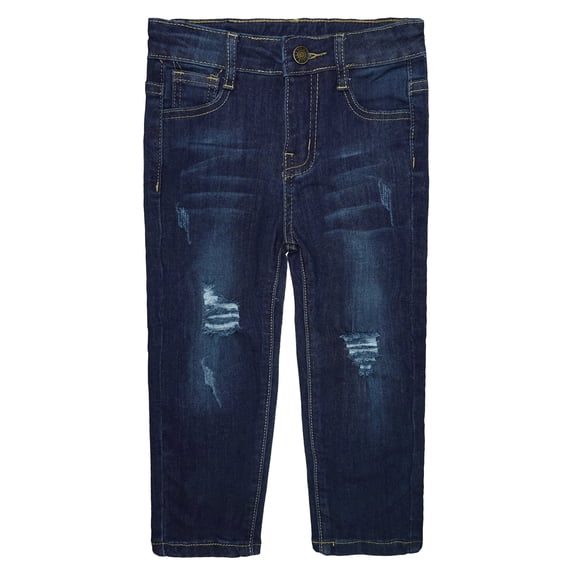 KIDSCOOL SPACE Little Girls Boys Jeans,Elastic Band Inside Ripped Straight Fit Stretchy Soft Denim Pants,Deep Blue,5-6 Years