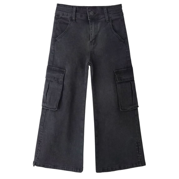 KIDSCOOL SPACE Little Girls' Cargo Jeans with Flap Pocket, Wide Leg and Split Hem Boyfriend Denim Pants,Black,10-11 Yeasr