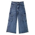 thumbnail image 1 of KIDSCOOL SPACE Little Girls' Cargo Jeans with Flap Pocket, Wide Leg and Split Hem Boyfriend Denim Pants,Deep Blue,13-14 Years, 1 of 6