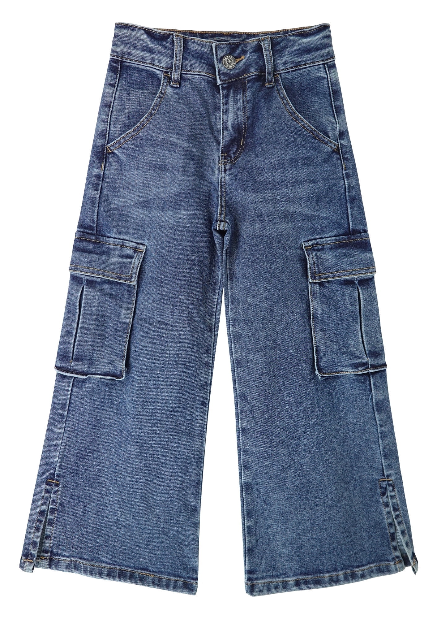 KIDSCOOL SPACE Girls' Flared Stretch Denim Jeans - Raw Edge Hem, Elastic Waist, Sizes 18M To 5T (Light Blue)