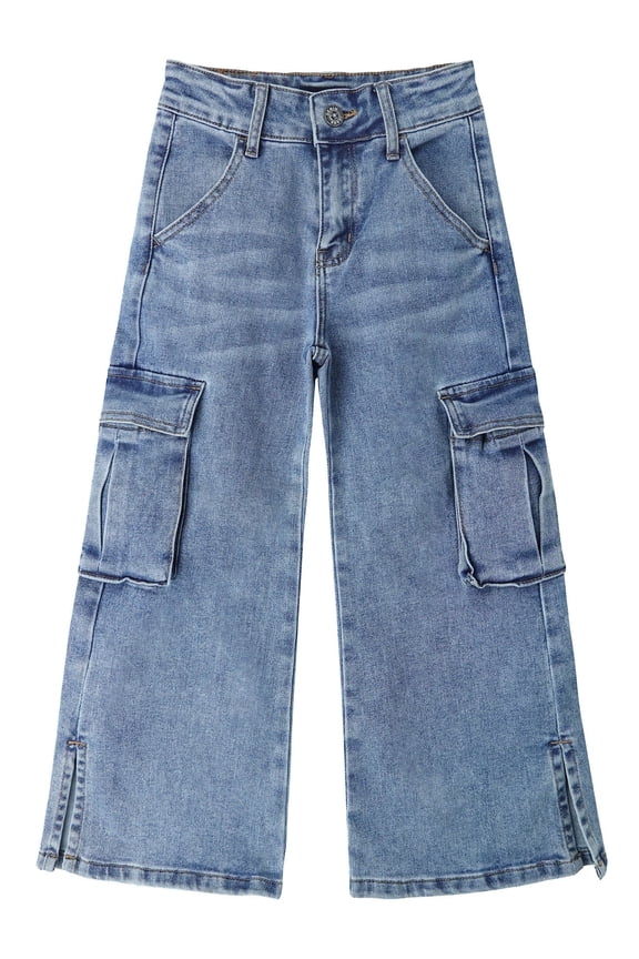 Little Girls' Cargo Jeans with Flap Pocket, Wide Leg and Split Hem Boyfriend Denim Pants,Light Blue,6-7 Years