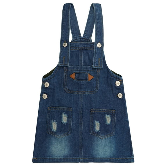 KIDSCOOL SPACE Little Girls Classic Casual Embroidered Lace Denim Overall Dress, Blue, 3-4 Years