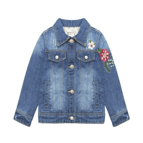 KIDSCOOL SPACE Little Girls Fake Flap Pockets Design Flower Bird Embroidered Ripped Denim Jacket 4T
