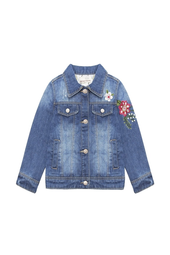Little Girls Fake Flap Pockets Design Flower Bird Embroidered Ripped Denim Jacket 5T