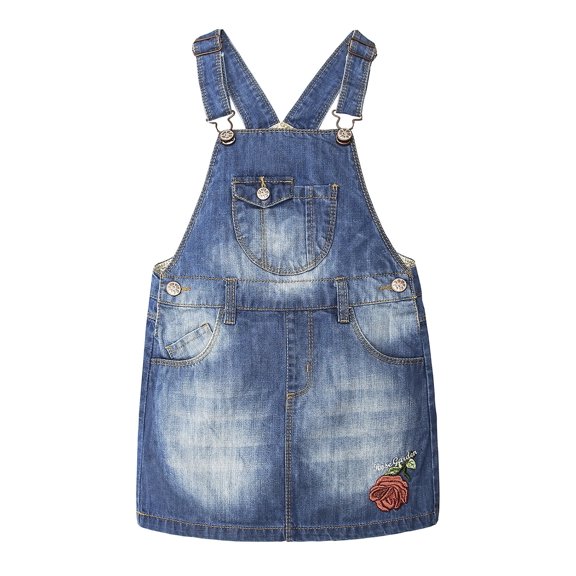 KIDSCOOL SPACE Little Girls Jean Overall Dress,Big Girls Denim Jumper Dress,Blue,5-6 Years