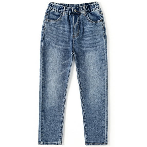 KIDSCOOL SPACE Little Girls Jeans, 5-14T Simple Design Boys Ribbed Waist Denim Pants,Light Blue,4-5 Years