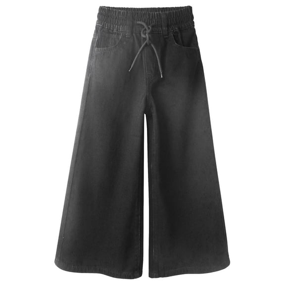 KIDSCOOL SPACE Little Girls Jeans, 5-14T Wide-leg Loose Elastic Waist with String Flared Denim Pants,Black,4-5 Years