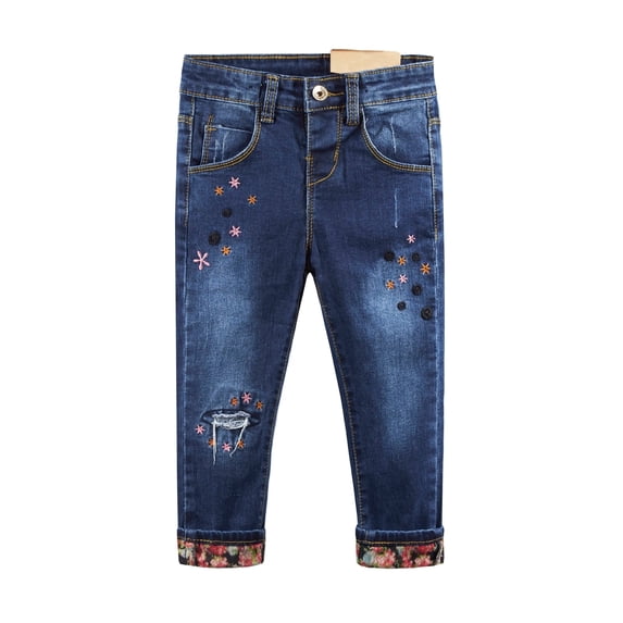 KIDSCOOL SPACE Little Girls Jeans, Colorful Stars Embroidered Slim Ripped Fashion Denim Pants,Blue,7-8 Years